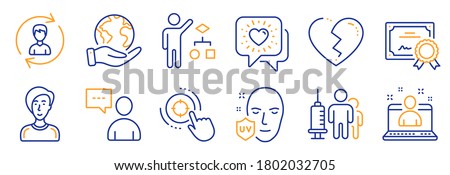 Set of People icons, such as Friends chat, Broken heart. Certificate, save planet. Uv protection, Human resources, Medical vaccination. Best manager, Businesswoman person, Seo target. Vector
