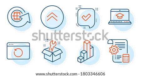 Confirmed, World globe and Swipe up signs. Spanner, Website education and Settings blueprint line icons set. Recovery internet, 3d chart symbols. Repair service, Video learning. Vector