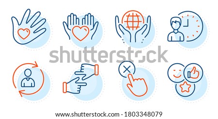 Reject click, Organic tested and Social responsibility signs. Hold heart, Click hands and Person info line icons set. Working hours, Like symbols. Care love, Direction. People set. Vector