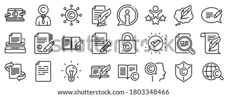 Set of Copyright protection, Signature and Feedback icons. Copywriting book line icons. Typewriter, Idea and message copywriting. Write book, legal copyright, content author. Light bulb. Vector