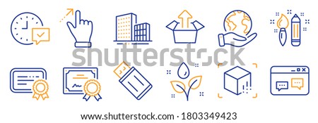 Set of Business icons, such as Send box, Browser window. Certificate, save planet. Augmented reality, Usb flash, Buildings. Plants watering, Touchscreen gesture, Select alarm. Vector