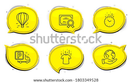 Truck parking sign. Diploma certificate, save planet chat bubbles. Dry t-shirt, Air balloon and Time line icons set. Laundry shirt, Flight travel, Clock. Free park. Outline icons set. Vector