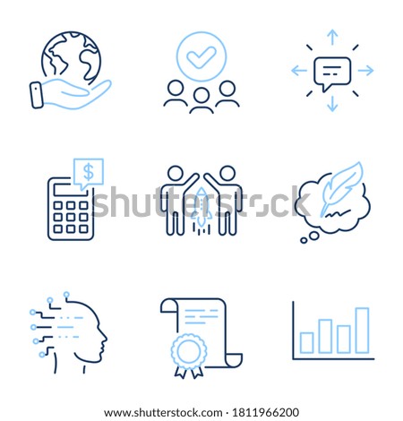 Copyright chat, Report diagram and Artificial intelligence line icons set. Diploma certificate, save planet, group of people. Calculator, Sms and Partnership signs. Vector
