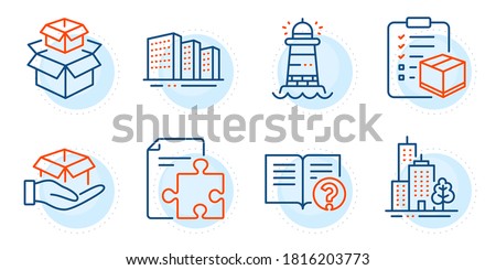 Hold box, Strategy and Skyscraper buildings signs. Packing boxes, Lighthouse and Buildings line icons set. Parcel checklist, Help symbols. Delivery box, Searchlight tower. Industrial set. Vector