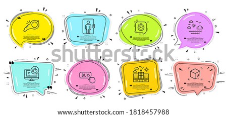 Hotel, Whistle and Elevator signs. Speech bubbles with quotes. Travel sea, Augmented reality and Like video line icons set. Buy button, Timer symbols. Summer holidays, Virtual reality. Vector