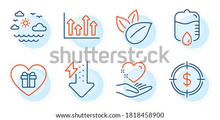 Upper arrows, Organic product and Travel sea signs. Drop counter, Energy drops and Dollar target line icons set. Romantic gift, Hold heart symbols. Medical equipment, Power usage. Vector