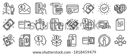 Update credit card, Contactless payment and Piggy bank linear icons. Money wallet line icons. Online payment, Dollar exchange and Fast money send. Private pay, Blocked credit card and Wallet. Vector