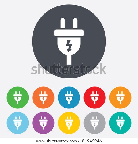 Electric plug sign icon. Power energy symbol. Lightning sign. Round colourful 11 buttons. Vector