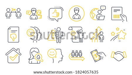 Set of People icons, such as Queue, Handshake, Parcel invoice symbols. Manual doc, Like, People talking signs. Moisturizing cream, Social distancing, Employee result. Good mood, Thumb down. Vector