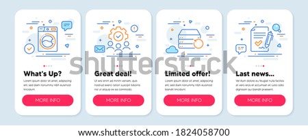 Set of Technology icons, such as Washing machine, Recovery server, Teamwork symbols. Mobile app mockup banners. Approved agreement line icons. Laundry, Backup data, Workflow. Vector
