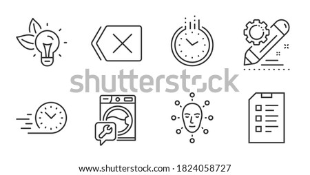 Eco energy, Time and Checklist line icons set. Remove, Project edit and Washing machine signs. Face biometrics, Fast delivery symbols. Lightbulb, Clock, Data list. Technology set. Vector