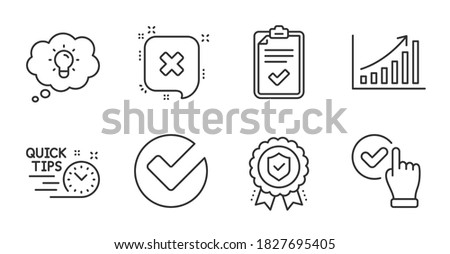 Graph chart, Insurance medal and Checkbox line icons set. Energy, Checklist and Verify signs. Reject, Quick tips symbols. Growth report, Certified protection, Confirmed. Technology set. Vector