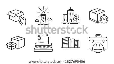 Delivery timer, Hold box and Lighthouse line icons set. Typewriter, Skyscraper buildings and Construction toolbox signs. Buildings, Packing boxes symbols. Quality line icons. Vector