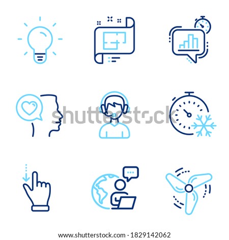 Technology icons set. Included icon as Touchscreen gesture, Statistics timer, Consultant signs. Light bulb, Freezing timer, Romantic talk symbols. Architectural plan, Wind energy. Vector