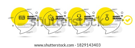 Best result, Arena stadium and Winner cup line icons set. Timeline infograph speech bubbles. Medal sign. Timer award, Competition building, Award cup. Winner. Sports set. Vector