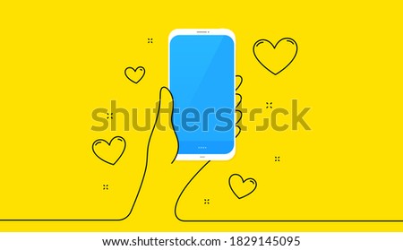 Hand holding phone with love hearts. Smartphone screen on yellow background. Continuous line hand with cellphone. Mobile phone blue screen. Heart shapes linear icons. Mobile call template. Vector
