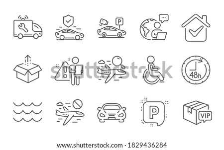 Car service, Parking and Send box line icons set. Disabled, Cancel flight and Search flight signs. Waves, 48 hours and Car symbols. Transport insurance, Parking security and Vip parcel. Vector