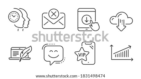 Vip phone, Reject mail and Copyright laptop line icons set. Smile face, Scroll down and Time management signs. Chart, Cloud download symbols. Quality line icons. Vip phone badge. Vector