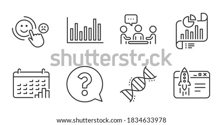 Question mark, Calendar graph and Start business line icons set. Bar diagram, Customer satisfaction and People chatting signs. Report document, Chemistry dna symbols. Quality line icons. Vector