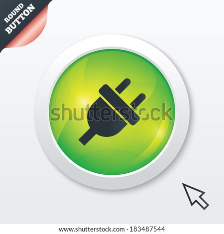 Electric plug sign icon. Power energy symbol. Green shiny button. Modern UI website button with mouse cursor pointer. Vector