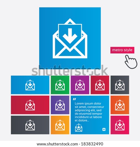 Mail icon. Envelope symbol. Inbox message sign. Mail navigation button. Metro style buttons. Modern interface website buttons with hand cursor pointer. Vector