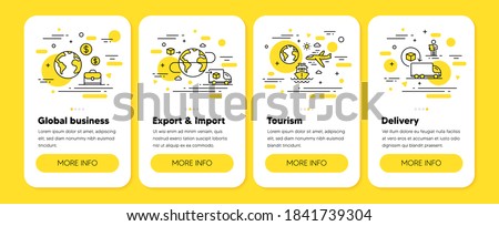 International business, Export, Import line icons. Global trading, Delivery service, Return package. International tourism, parcel export, import. Mobile app 4 steps. Editable stroke. Vector icons