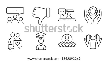Human rating, Dislike hand and Student line icons set. Dating chat, Employee hand and Meeting signs. Friends chat, Hold t-shirt symbols. Best employee, Thumbs down, Graduation cap. Vector