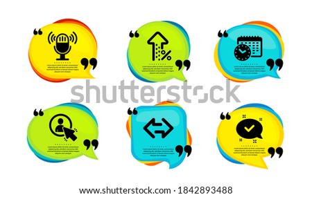 Increasing percent, User and Microphone icons simple set. Speech bubble with quotes. Calendar time, Sync and Approved signs. Discount, Project manager, Mic. Clock, Synchronize, Chat message. Vector