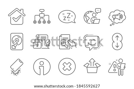 Restructuring, Smile face and Security contract line icons set. Sleep, Megaphone and Hdd signs. Close button, Send box and Smartphone broken symbols. Repair document, Scroll down and Info. Vector