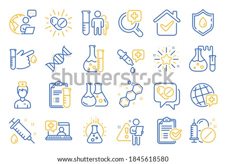 Medical healthcare, doctor line icons. Drug testing, scientific discovery and disease prevention signs. Chemical formula, medical doctor research, chemistry testing lab icons. Line icon set. Vector