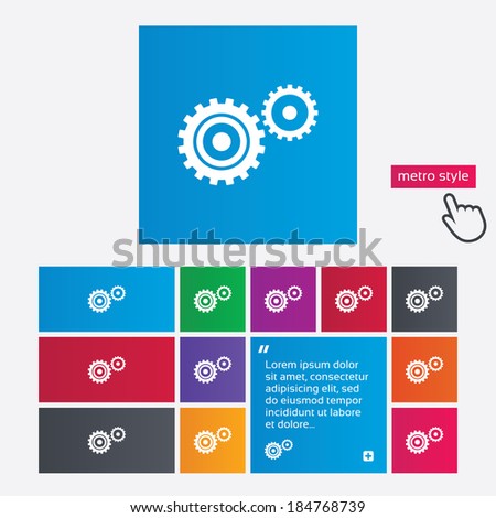 Cog settings sign icon. Cogwheel gear mechanism symbol. Metro style buttons. Modern interface website buttons with hand cursor pointer. Vector