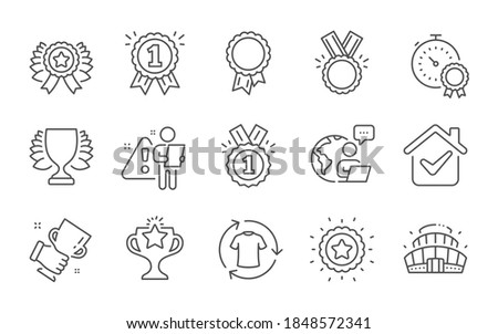 Approved, Change clothes and Winner line icons set. Success, Victory and Best result signs. Honor, Winner cup and Arena stadium symbols. Reward. Shirt, Sports achievement. Sports set. Vector