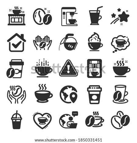 Coffee icons. Beans, hot cocktail and coffee maker machine. Espresso cup, cappuccino with whipped cream icons. Latte vending machine, breakfast drink and roasted beans. Flat icon set. Vector