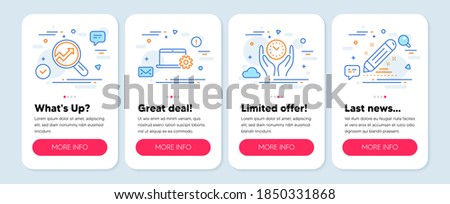 Set of Science icons, such as Analytics, Notebook service, Safe time symbols. Mobile screen mockup banners. Brand contract line icons. Audit analysis, Computer repair, Management. Edit report. Vector
