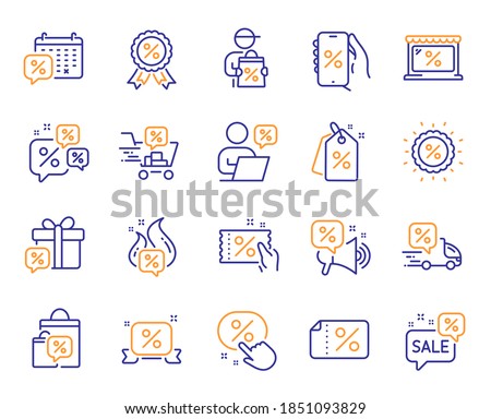 Discounts line icons. Sale Coupon, phone with percent sign, Discount price tag. Wholesale store market, calendar, hot deal line icons. Coupon ticket, megaphone offer, delivery discount. Vector