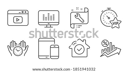 Mobile devices, Safe time and Music making line icons set. Video content, House security and Vip timer signs. Spanner, Loan percent symbols. Smartphone with tablet, Hold clock, Dj app. Vector