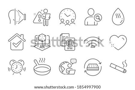 Hot water, Find user and Wifi line icons set. Passport document, Face id and Time management signs. Augmented reality, Mattress and Heart symbols. Smoking, Frying pan and Meeting time. Vector