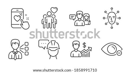 Third party, Myopia and Heart rating line icons set. People talking, Face biometrics and Foreman signs. Business growth, Friendship symbols. Team leader, Eye vision, Phone feedback. Vector