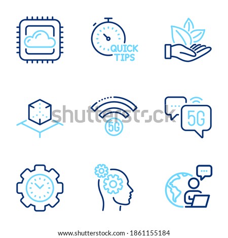 Science icons set. Included icon as Quick tips, Cloud computing, Augmented reality signs. Thoughts, Time management, Organic product symbols. 5g internet, 5g wifi line icons. Line icons set. Vector