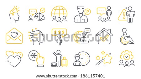 Set of People icons, such as Love letter, Valet servant, Brand ambassador symbols. Disability, Artificial intelligence, Global business signs. People chatting, Freezing click, Teamwork. Vector