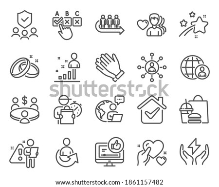 People icons set. Included icon as Stats, Safe energy, Hold heart signs. Networking, Security agency, Wedding rings symbols. Queue, Meeting, Clapping hands. International recruitment. Vector