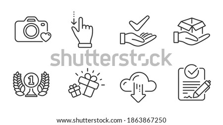 Hold box, Touchscreen gesture and Rfp line icons set. Cloud download, Photo camera and Laureate award signs. Gift, Dermatologically tested symbols. Quality line icons. Hold box badge. Vector