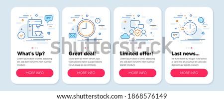 Set of Business icons, such as Time, Coffee maker, Security agency symbols. Mobile screen mockup banners. Cooking timer line icons. Office clock, Tea machine, Body guard. Stopwatch. Time icons. Vector