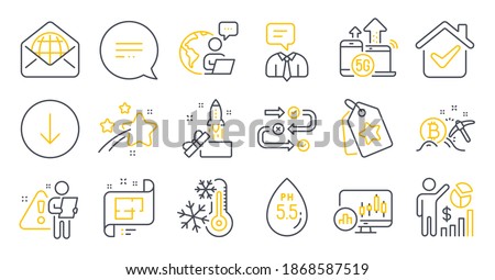 Set of Technology icons, such as Ph neutral, Innovation, Web mail symbols. Text message, Architectural plan, Bitcoin mining signs. 5g internet, Support service, Seo statistics. Freezing. Vector