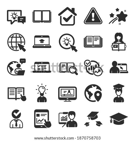 Education icons. Laptop, Book and Video Tutorial icons. Graduation cap, Instructions and Presentation. Education or Lectures book, Charts and Idea. Laptop, tablet device. Video tutorial. Vector