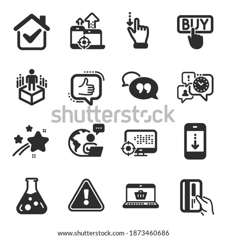 Set of Technology icons, such as Time management, Online shopping, Quote bubble symbols. Seo, Scroll down, Augmented reality signs. Chemistry lab, Buying, Touchscreen gesture. Payment card. Vector