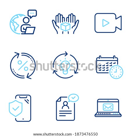 Technology icons set. Included icon as Loan percent, E-mail, Calendar signs. Video camera, Hold box, Phone insurance symbols. Idea, Resume document line icons. Change rate, New message. Vector