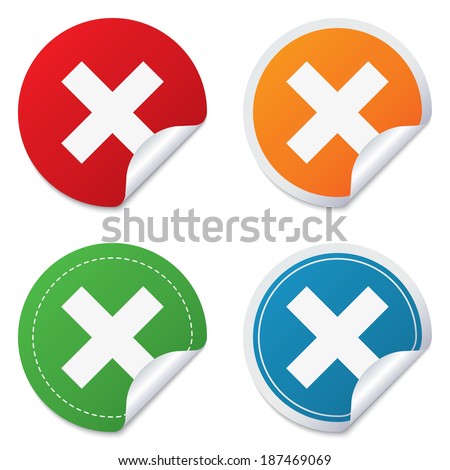 Delete sign icon. Remove button. Round stickers. Circle labels with shadows. Curved corner. Vector