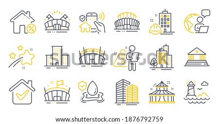 Set of Buildings icons, such as Buildings, Loan house, Skyscraper buildings symbols. Flood insurance, Lighthouse, Arena stadium signs. University campus, Court building, Arena. Circus. Vector