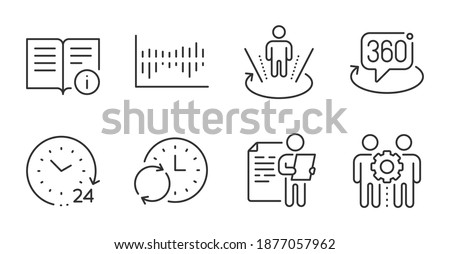 Update time, Technical info and Augmented reality line icons set. Employees teamwork, 360 degree and Column diagram signs. Job interview, 24 hours symbols. Quality line icons. Vector